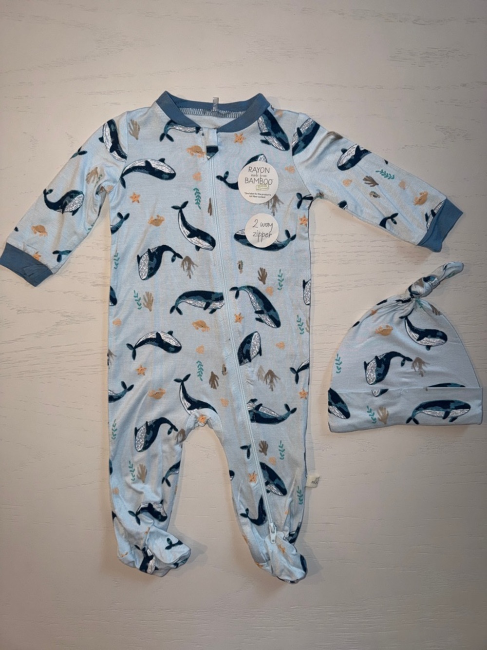 Milkberry Whale Sea Life Light Blue Footie One-Piece with Hat 0-3 3-6 6-9 months